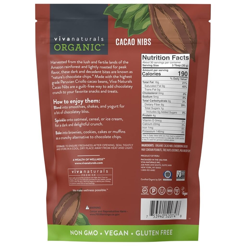 Viva Naturals Organic Cacao Nibs, 1 Lb - Certified Keto and Vegan Superfood, Perfect for Gluten Free Baking, Cacao Nib Smoothies and Healthy Snacks, Premium Criollo Beans, Non-GMO