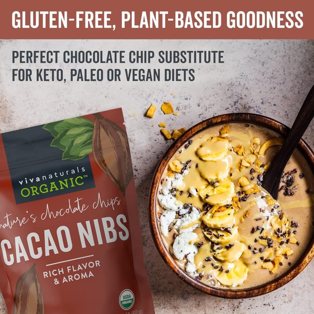 Viva Naturals Organic Cacao Nibs, 1 Lb - Certified Keto and Vegan Superfood, Perfect for Gluten Free Baking, Cacao Nib Smoothies and Healthy Snacks, Premium Criollo Beans, Non-GMO