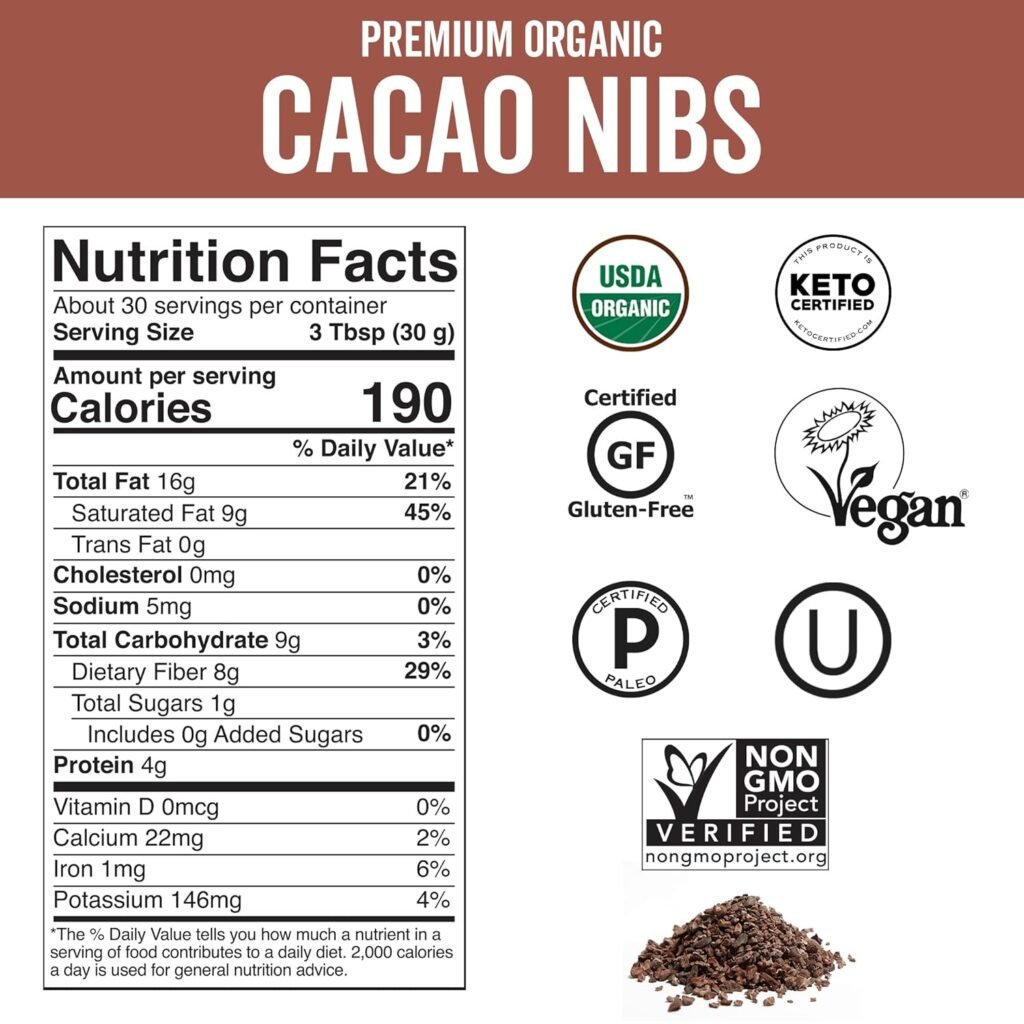 Viva Naturals Organic Cacao Nibs, 1 Lb - Certified Keto and Vegan Superfood, Perfect for Gluten Free Baking, Cacao Nib Smoothies and Healthy Snacks, Premium Criollo Beans, Non-GMO