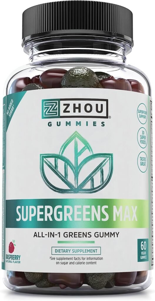 Zhou Supergreens Max Gummies, Greens Antioxidant Blend, Superfood Support Supplement, Digestion and Immune Health, Cellular Energy, Prebiotic and Probiotic Blend, No Added Sugar, 60 Vegan Gummies