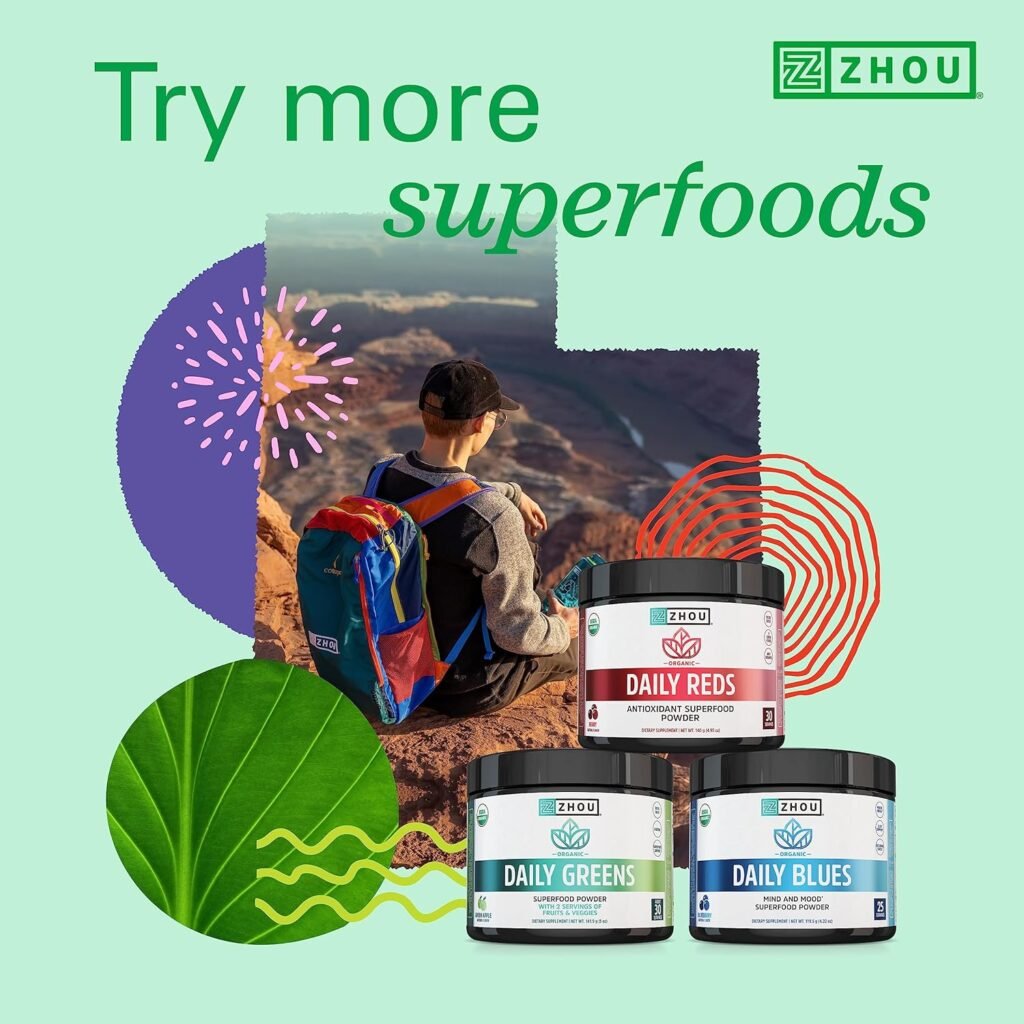 Zhou Supergreens Max Gummies, Greens Antioxidant Blend, Superfood Support Supplement, Digestion and Immune Health, Cellular Energy, Prebiotic and Probiotic Blend, No Added Sugar, 60 Vegan Gummies